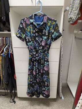 J. Crew Black Floral Button-Front Tie-Waist Midi Dress